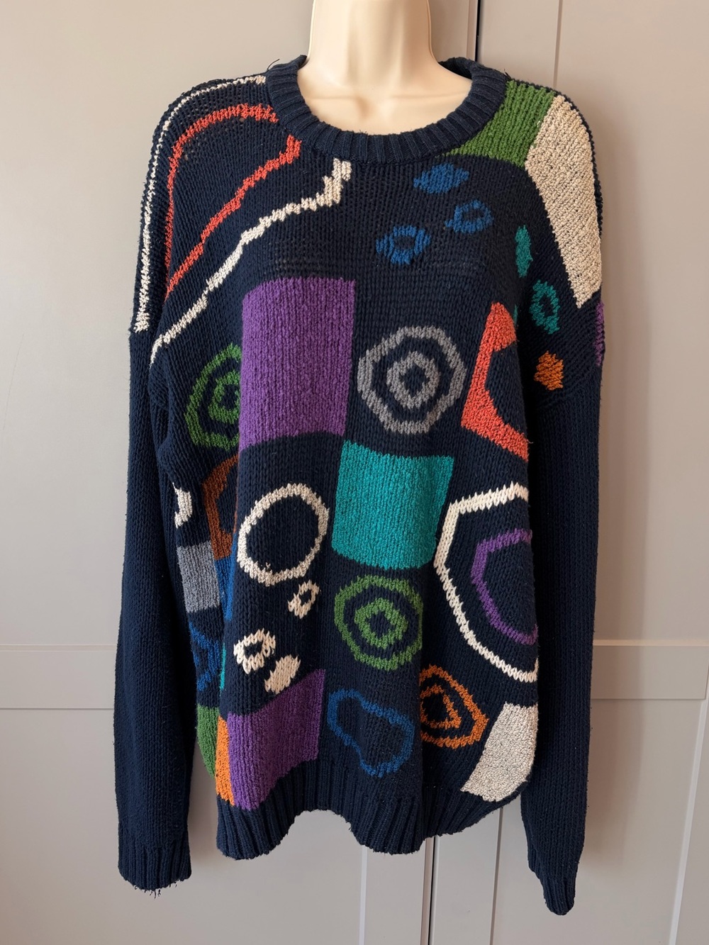 Vintage Concrete Mix Abstract Geometric Navy Knit Sweater Large 80s 90s